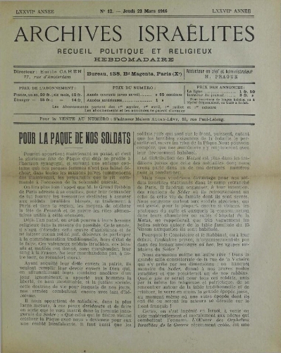 Archives israélites de France. Vol.77 N°12 (23 mars 1916)